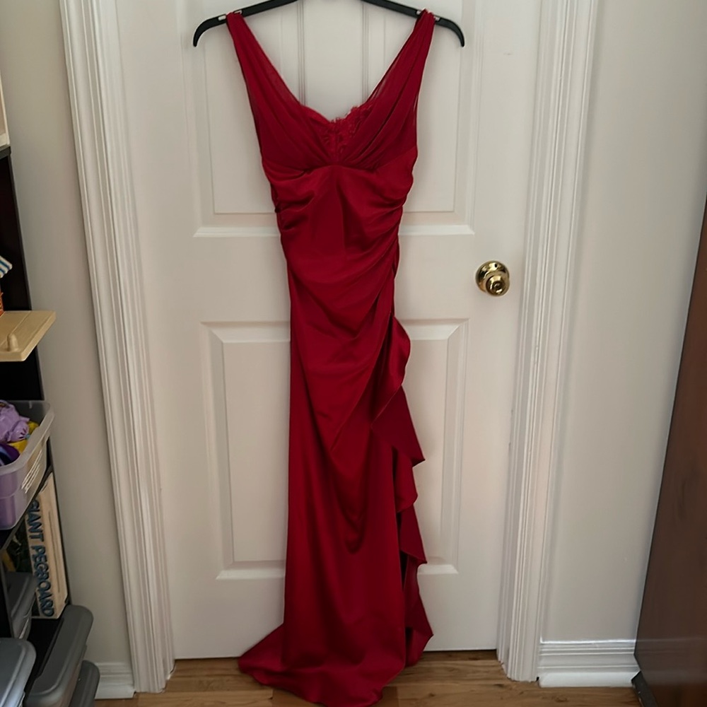 Bright Red Silk and Lace Floor Length Evening Gown